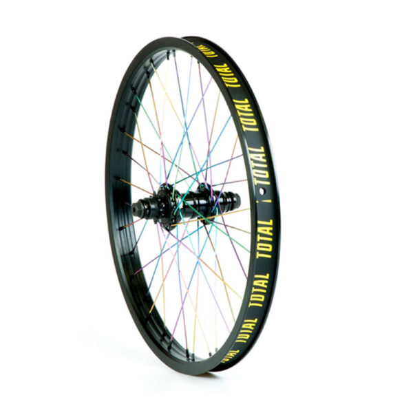 Касетне заднє колесо Total BMX Techfire чорне з веселковими спицями 9 зубів